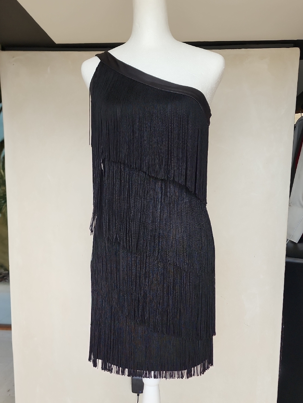 One-Shoulder Black Fringe Dress